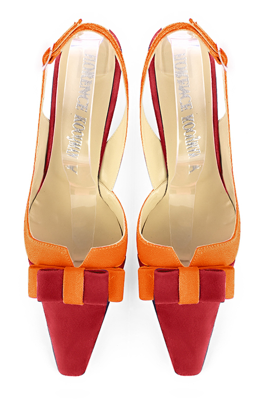 Scarlet red and apricot orange women's open back shoes, with a knot. Tapered toe. Medium comma heels. Top view - Florence KOOIJMAN